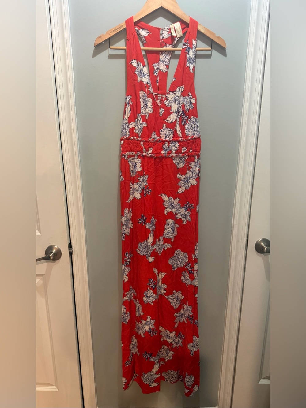 Japna Red Maxi Skirt with White and Blue Floral Print